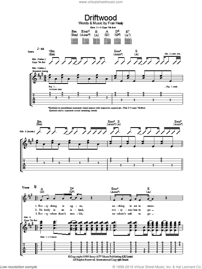 Driftwood sheet music for guitar (tablature) by Merle Travis and Fran Healy, intermediate skill level