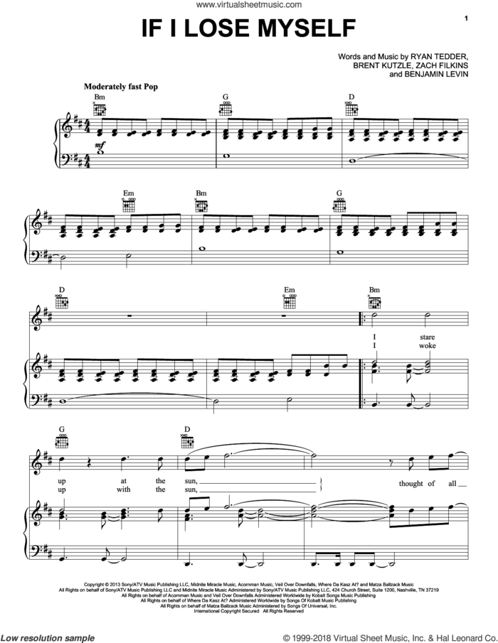If I Lose Myself sheet music for voice, piano or guitar by OneRepublic, Benjamin Levin, Brent Kutzle, Ryan Tedder and Zack Filkins, intermediate skill level