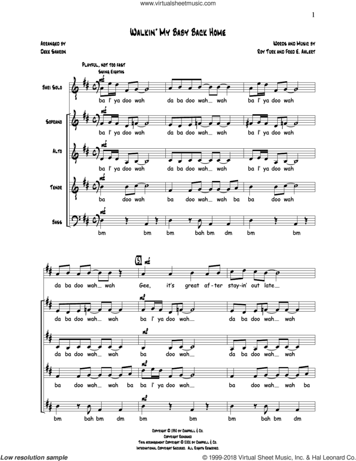 Walkin' My Baby Back Home sheet music for choir (SATB: soprano, alto, tenor, bass) by Deke Sharon, Anne Raugh, Fred Ahlert and Roy Turk, intermediate skill level