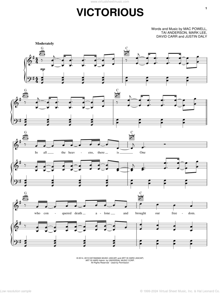 Victorious sheet music for voice, piano or guitar by Third Day, David Carr, Justin Daly, Mac Powell, Mark Lee and Tai Anderson, intermediate skill level