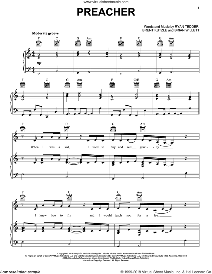 Preacher sheet music for voice, piano or guitar by OneRepublic, Brent Kutzle, Brian Willett and Ryan Tedder, intermediate skill level