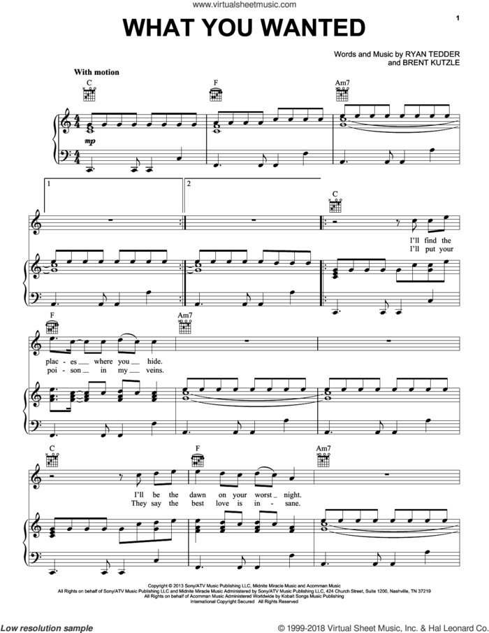 What You Wanted sheet music for voice, piano or guitar by OneRepublic, Brent Kutzle and Ryan Tedder, intermediate skill level