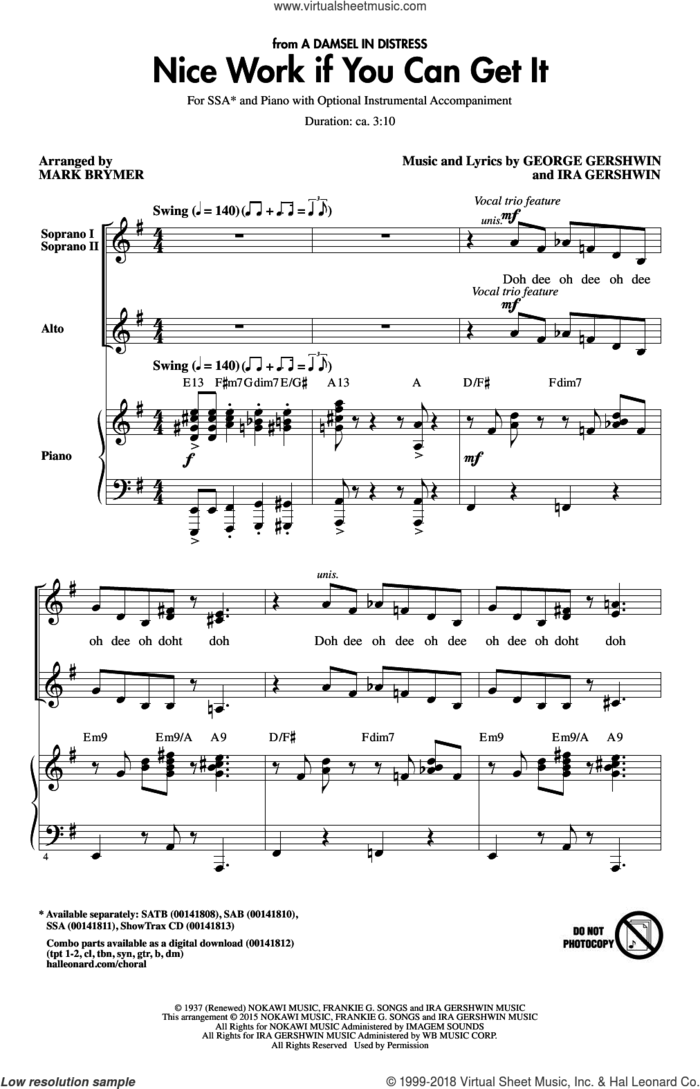 Nice Work If You Can Get It sheet music for choir (SSA: soprano, alto) by George Gershwin, Mark Brymer, Frank Sinatra and Ira Gershwin, intermediate skill level