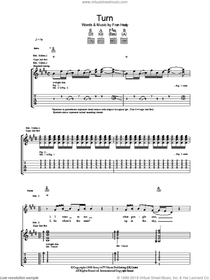 Turn sheet music for guitar (tablature) by Merle Travis and Fran Healy, intermediate skill level