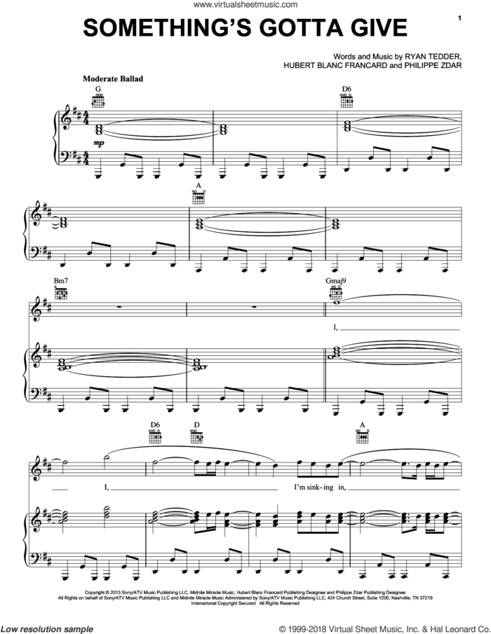 Something's Gotta Give sheet music for voice, piano or guitar by OneRepublic, Hubert Blanc Francard, Philippe Zdar and Ryan Tedder, intermediate skill level