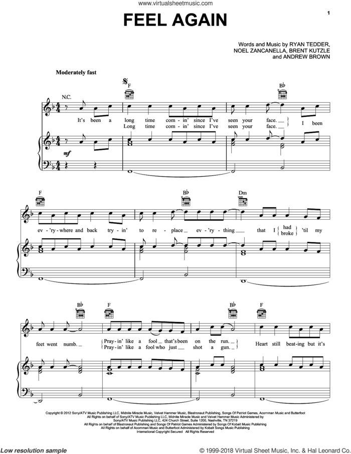 Feel Again sheet music for voice, piano or guitar by OneRepublic, Andrew Brown, Brent Kutzle, Noel Zancanella and Ryan Tedder, intermediate skill level