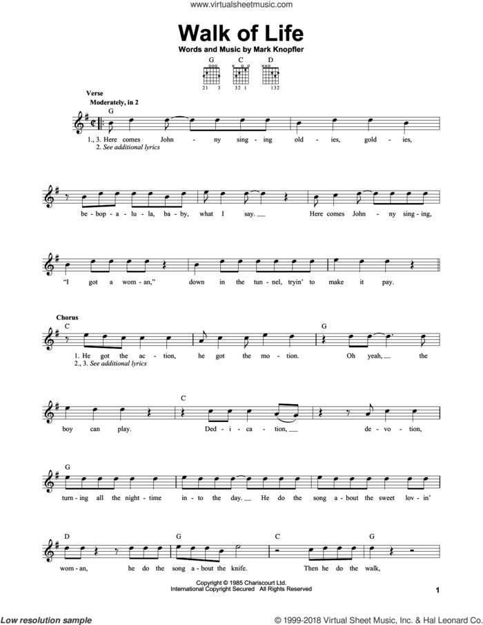 Walk Of Life sheet music for guitar solo (chords) by Dire Straits and Mark Knopfler, easy guitar (chords)