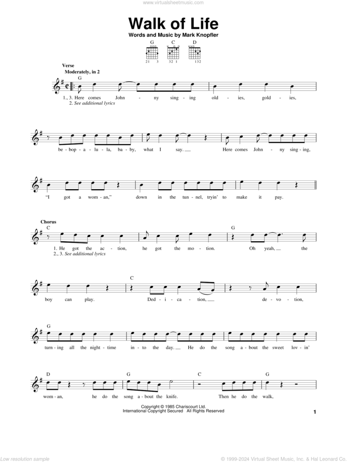 Walk Of Life sheet music for guitar solo (chords) by Dire Straits and Mark Knopfler, easy guitar (chords)