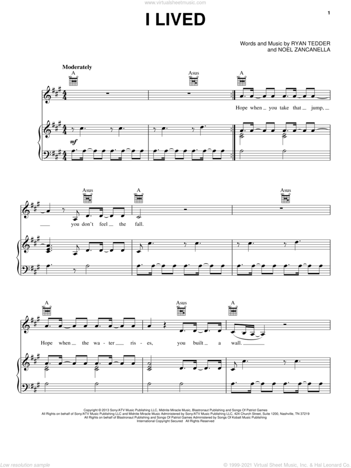 I Lived sheet music for voice, piano or guitar by OneRepublic, Noel Zancanella and Ryan Tedder, intermediate skill level