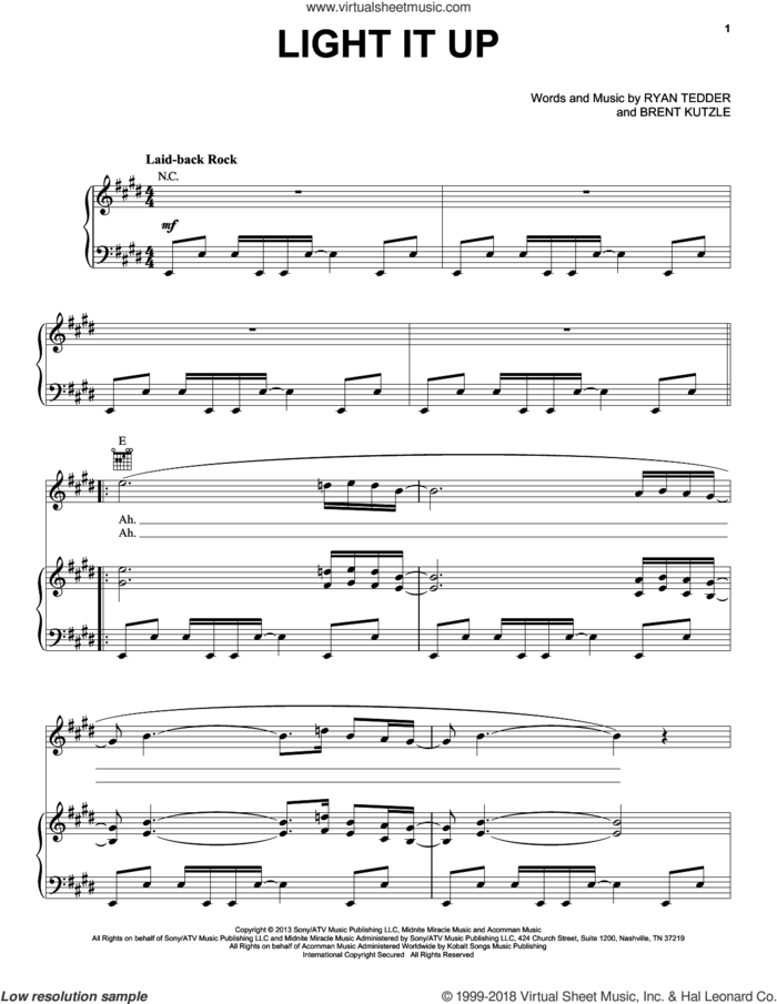 Light It Up sheet music for voice, piano or guitar by OneRepublic, Brent Kutzle and Ryan Tedder, intermediate skill level