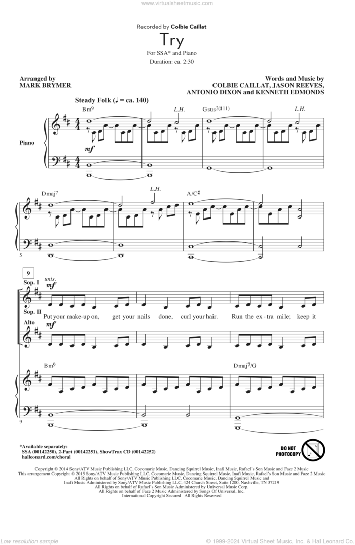Try sheet music for choir (SSA: soprano, alto) by Colbie Caillat, Mark Brymer, Antonio Dixon, Jason Reeves and Kenneth Edmonds, intermediate skill level