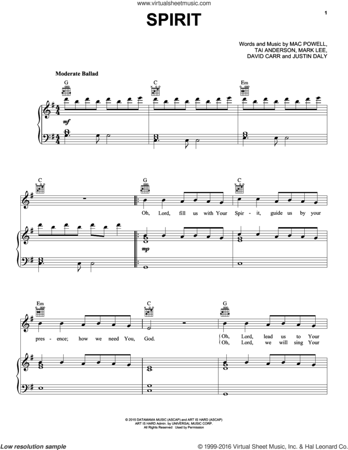 Spirit sheet music for voice, piano or guitar by Third Day, David Carr, Justin Daly, Mac Powell, Mark Lee and Tai Anderson, intermediate skill level