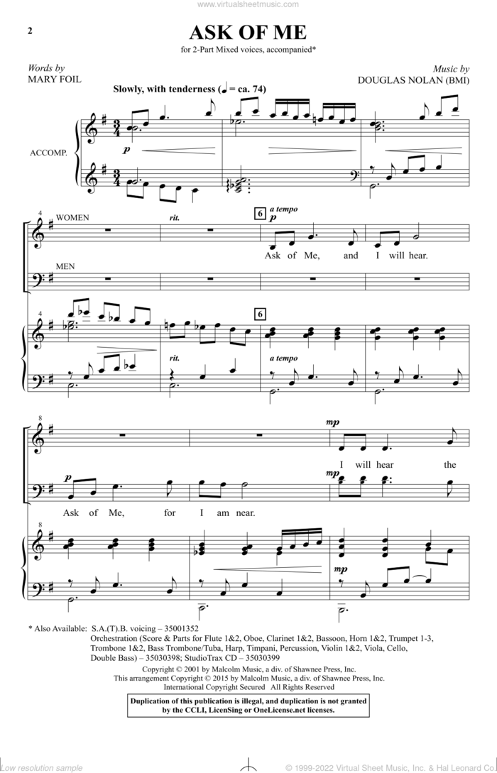 Ask Of Me sheet music for choir (2-Part) by Douglas Nolan and Mary Foil, intermediate duet