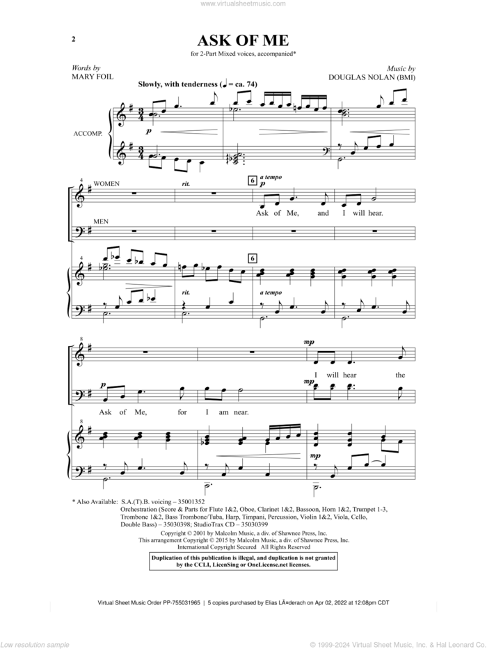 Ask Of Me sheet music for choir (2-Part) by Douglas Nolan and Mary Foil, intermediate duet