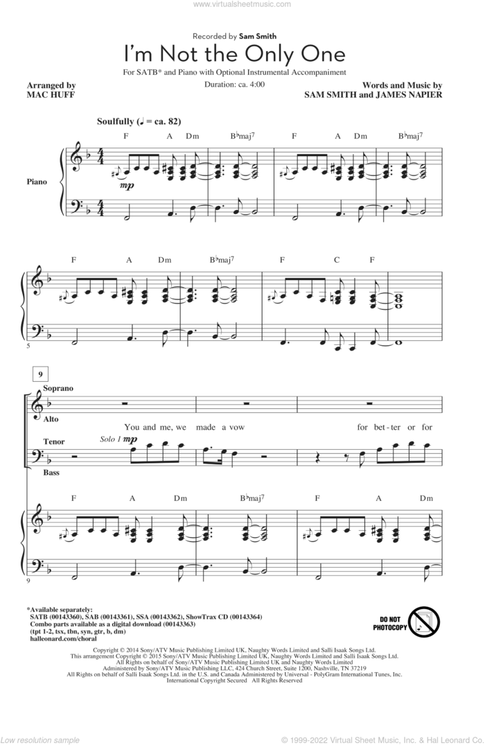 I'm Not The Only One sheet music for choir (SATB: soprano, alto, tenor, bass) by Sam Smith, Mac Huff and James Napier, intermediate skill level