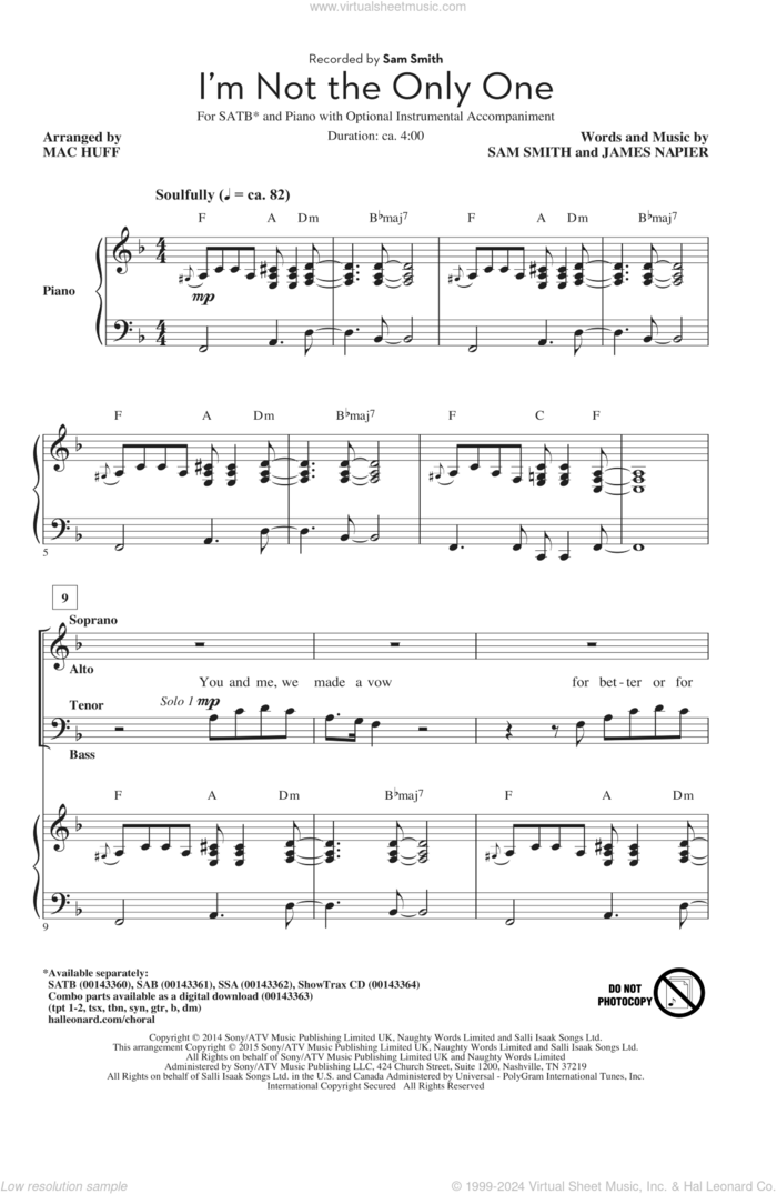 I'm Not The Only One sheet music for choir (SATB: soprano, alto, tenor, bass) by Sam Smith, Mac Huff and James Napier, intermediate skill level