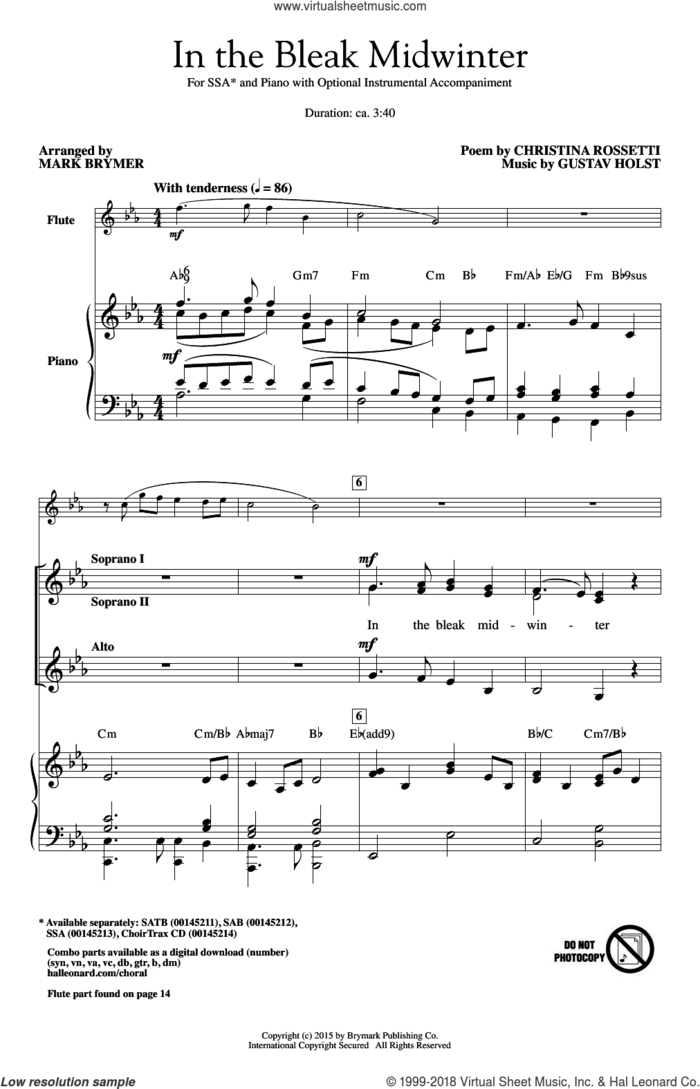 In The Bleak Midwinter sheet music for choir (SSA: soprano, alto) by Mark Brymer, Christina Rosetti and Gustav Holst, intermediate skill level