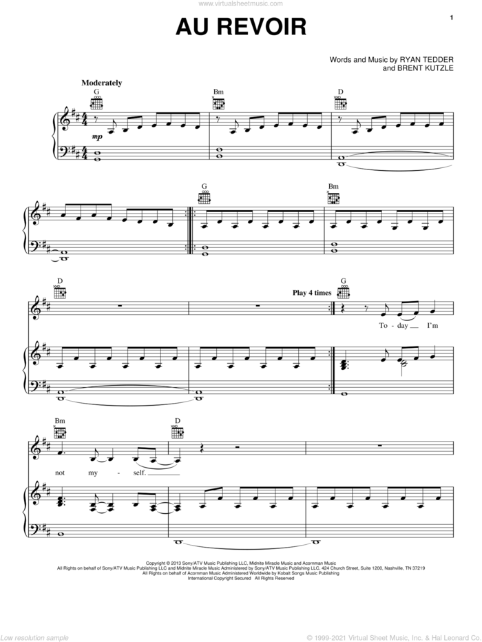 Au Revoir sheet music for voice, piano or guitar by OneRepublic, Brent Kutzle and Ryan Tedder, intermediate skill level