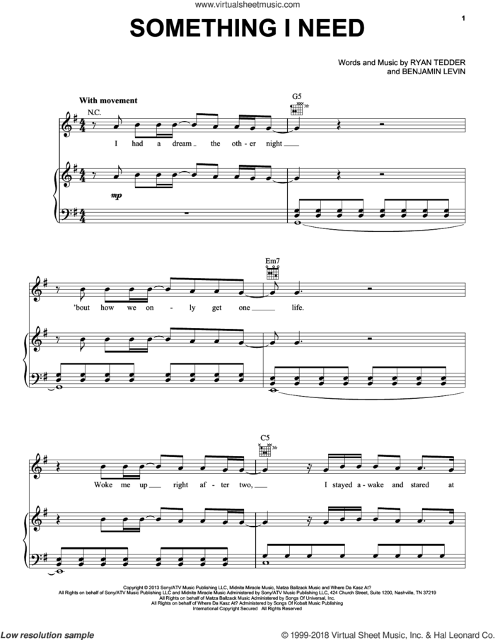 Something I Need sheet music for voice, piano or guitar by OneRepublic, Benjamin Levin and Ryan Tedder, intermediate skill level