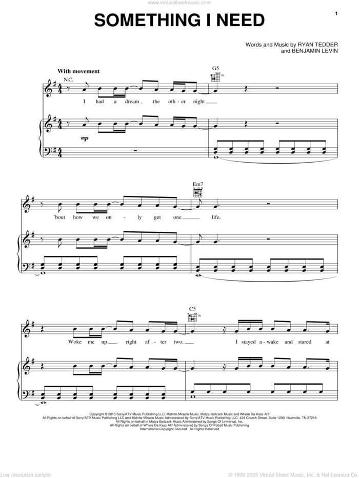 Something I Need sheet music for voice, piano or guitar by OneRepublic, Benjamin Levin and Ryan Tedder, intermediate skill level