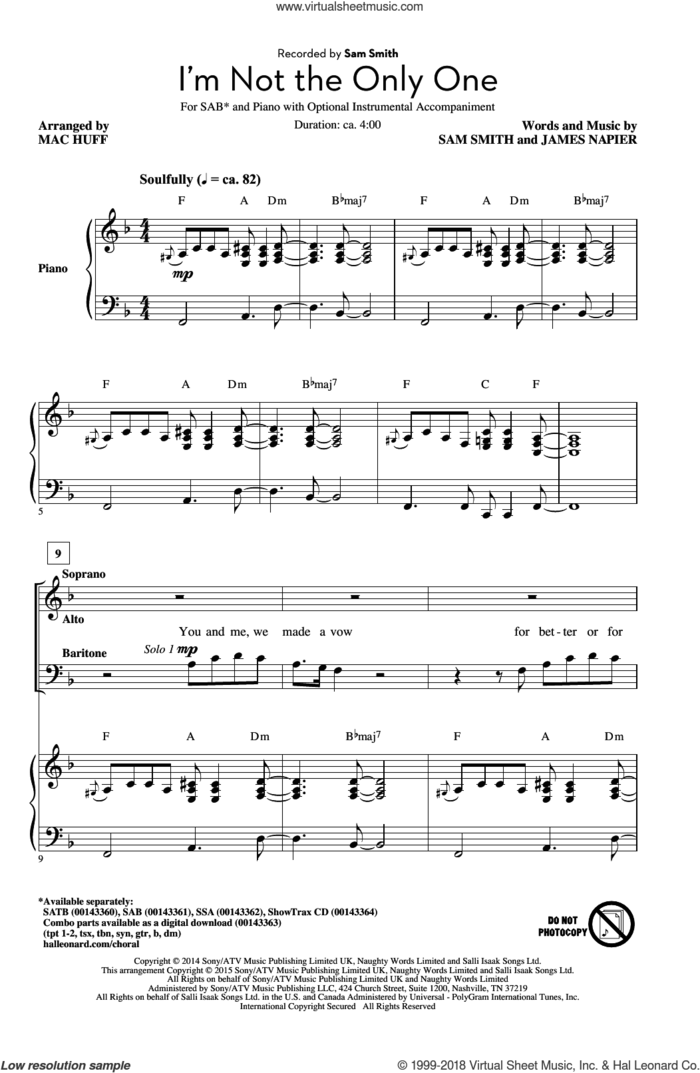 I'm Not The Only One sheet music for choir (SAB: soprano, alto, bass) by Sam Smith, Mac Huff and James Napier, intermediate skill level