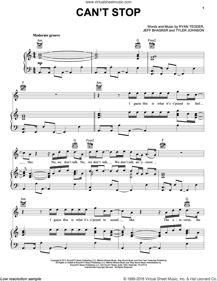 Can't Stop sheet music for voice, piano or guitar by OneRepublic, Jeff Bhasker, Ryan Tedder and Tyler Johnson, intermediate skill level