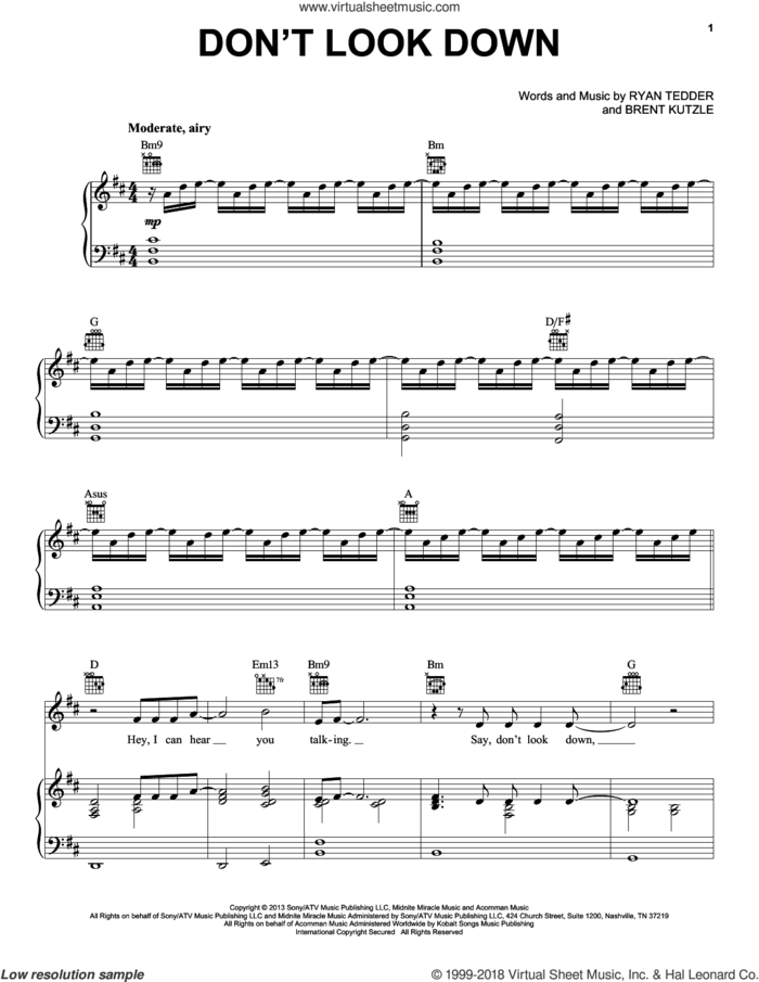 Don't Look Down sheet music for voice, piano or guitar by OneRepublic, Brent Kutzle and Ryan Tedder, intermediate skill level