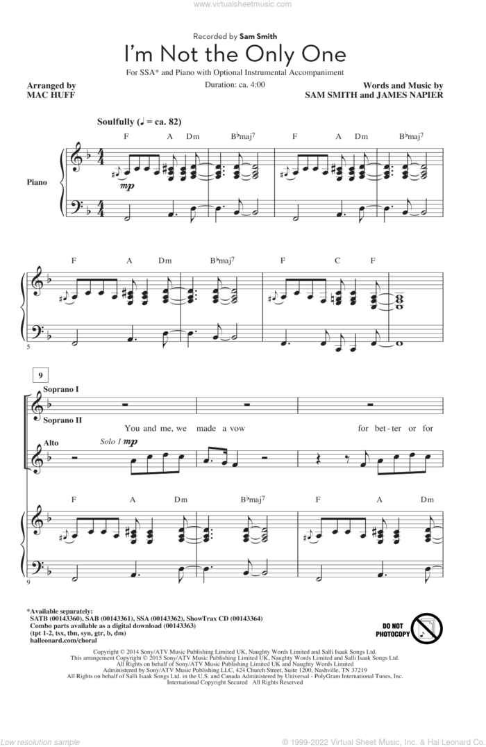 I'm Not The Only One sheet music for choir (SSA: soprano, alto) by Sam Smith, Mac Huff and James Napier, intermediate skill level