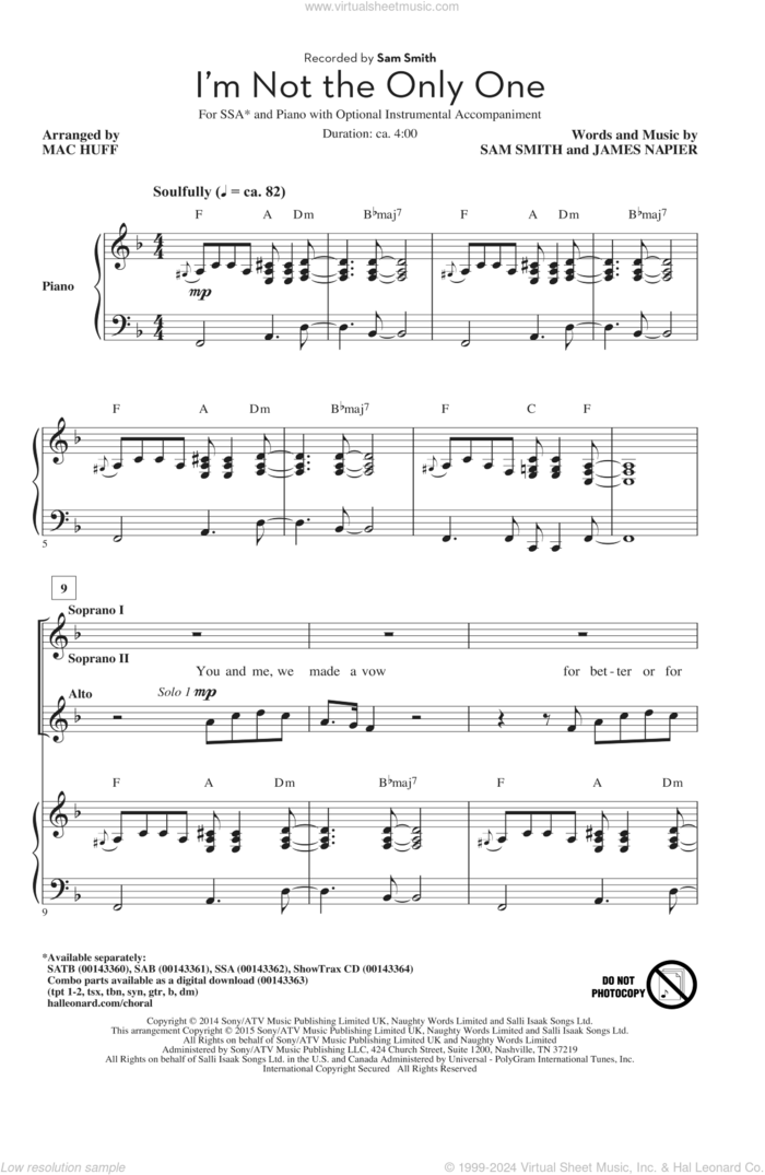 I'm Not The Only One sheet music for choir (SSA: soprano, alto) by Sam Smith, Mac Huff and James Napier, intermediate skill level