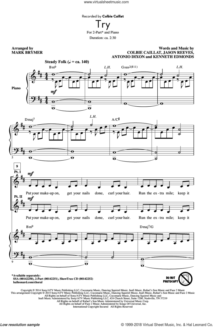 Try sheet music for choir (2-Part) by Colbie Caillat, Mark Brymer, Antonio Dixon, Jason Reeves and Kenneth Edmonds, intermediate duet