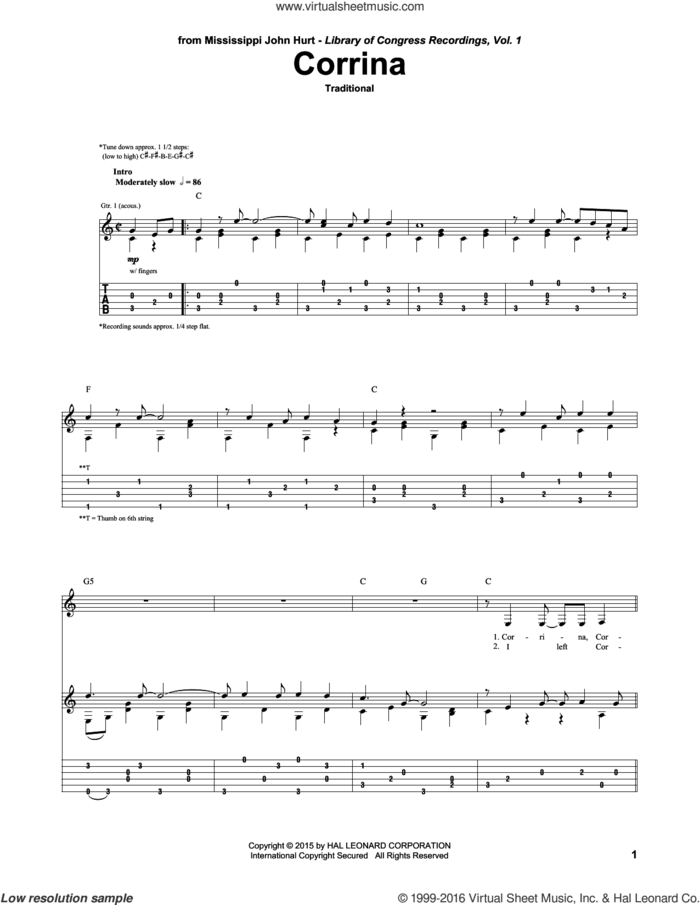 Corrina sheet music for guitar (tablature), intermediate skill level
