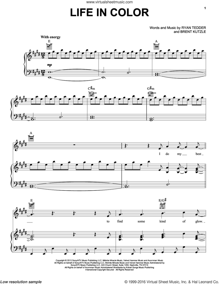 Life In Color sheet music for voice, piano or guitar by OneRepublic, Brent Kutzle and Ryan Tedder, intermediate skill level