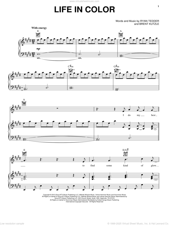 Life In Color sheet music for voice, piano or guitar by OneRepublic, Brent Kutzle and Ryan Tedder, intermediate skill level