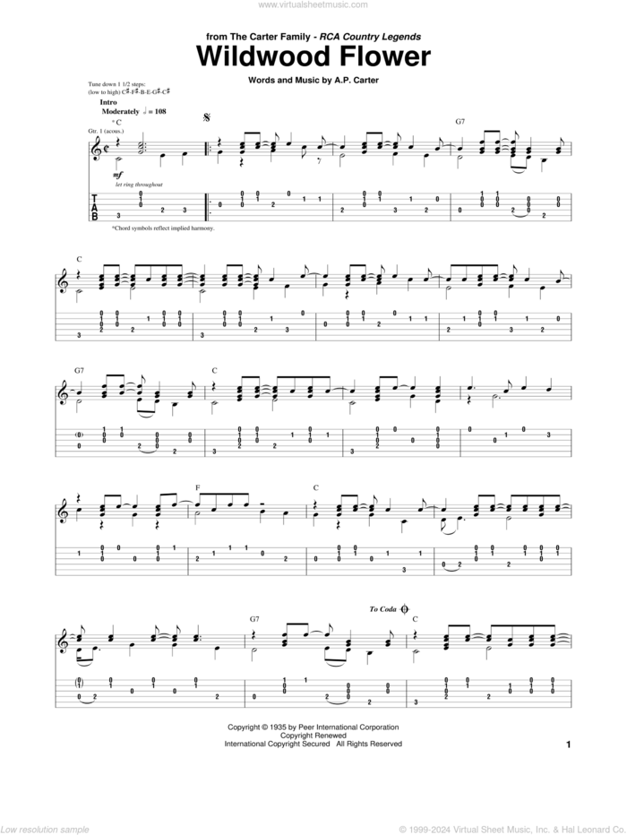 Wildwood Flower sheet music for guitar (tablature) by The Carter Family and A.P. Carter, intermediate skill level