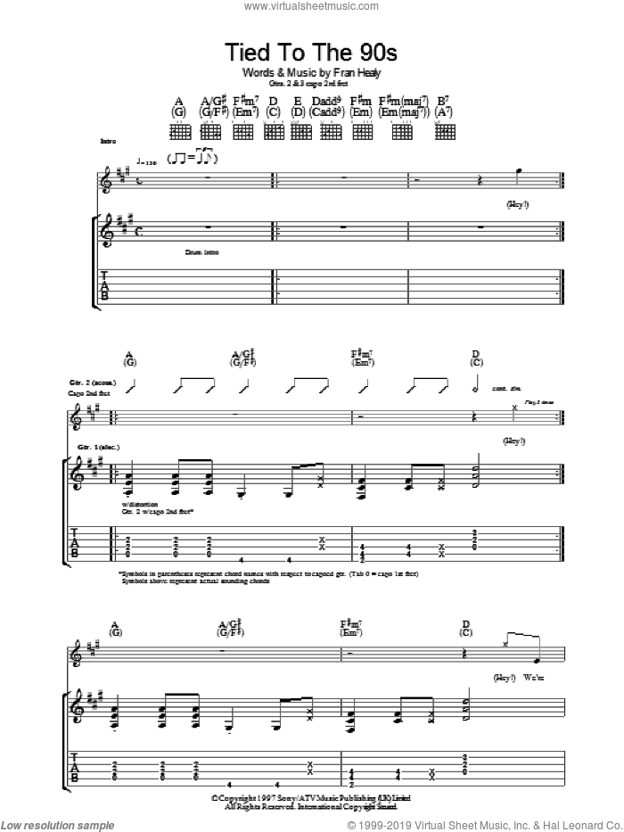 Tied To The 90s sheet music for guitar (tablature) by Merle Travis and Fran Healy, intermediate skill level
