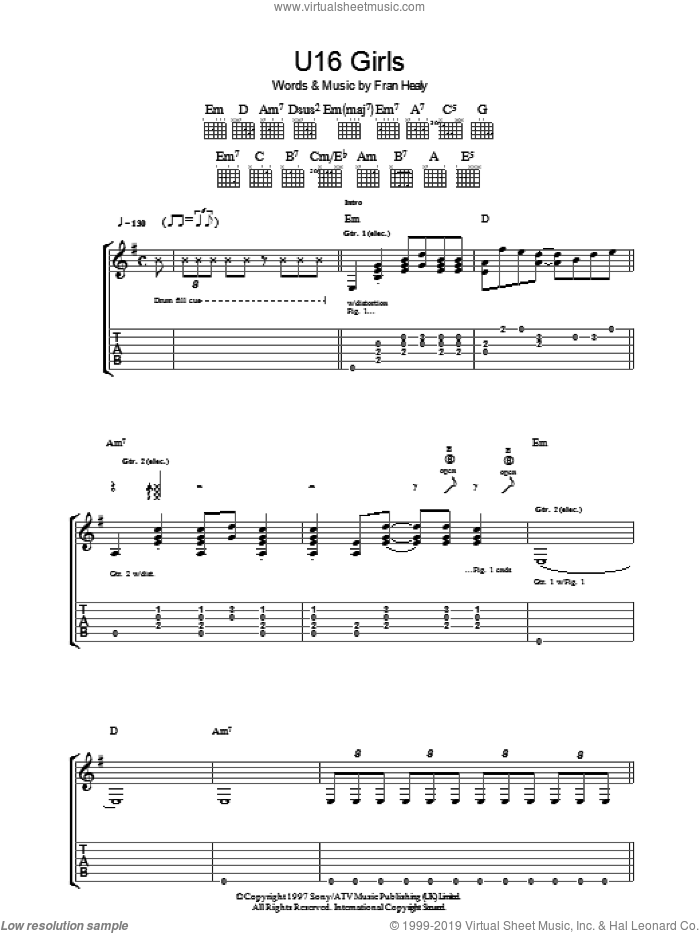 U16 Girls sheet music for guitar (tablature) by Merle Travis and Fran Healy, intermediate skill level