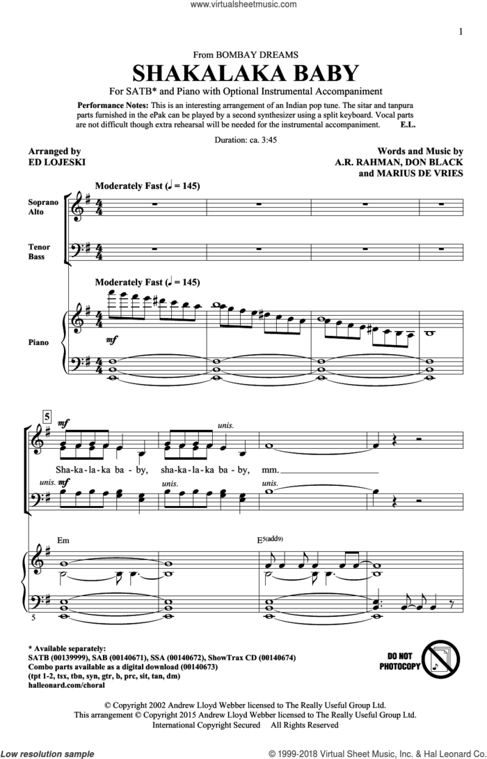 Shakalaka Baby (from Bombay Dreams) sheet music for choir (SATB: soprano, alto, tenor, bass) by Don Black, Ed Lojeski, A.R. Rahman and Marius De Vries, intermediate skill level