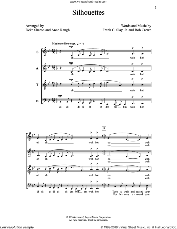 Silhouettes sheet music for choir (SATB: soprano, alto, tenor, bass) by Deke Sharon, Anne Raugh, Bob Crewe and Frank C. Slay Jr., intermediate skill level