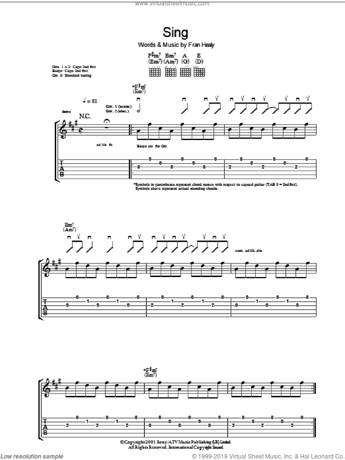 Sing sheet music for guitar (tablature) by Merle Travis and Fran Healy, intermediate skill level