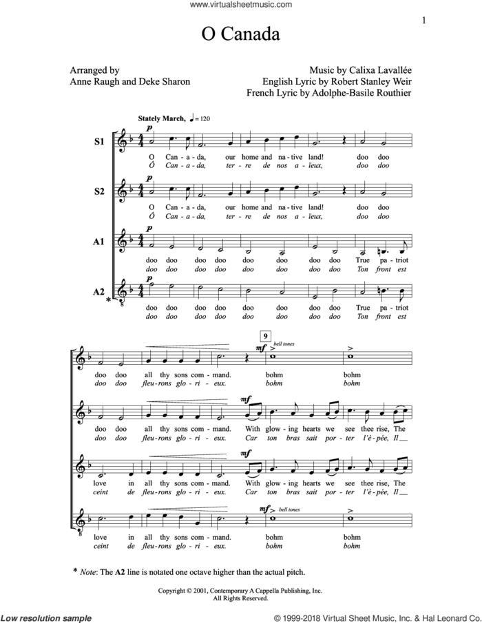 O Canada sheet music for choir (SSAA: soprano, alto) by Deke Sharon, Adolphe-Basile Routhier, Anne Raugh, Calixa LavallAAe, Calixa Lavallee and Robert Stanley Weir, intermediate skill level