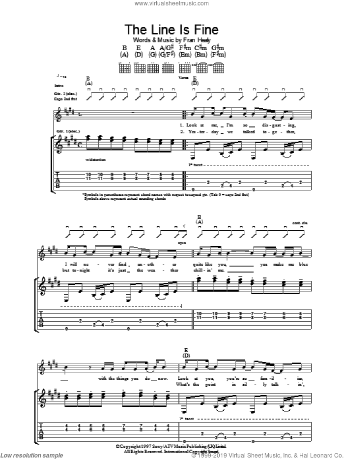 The Line Is Fine sheet music for guitar (tablature) by Merle Travis and Fran Healy, intermediate skill level