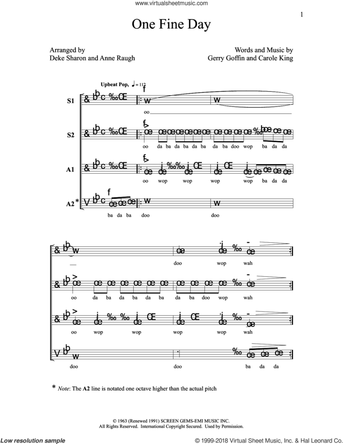One Fine Day sheet music for choir (SSAA: soprano, alto) by Deke Sharon, Anne Raugh, Carole King and Gerry Goffin, intermediate skill level