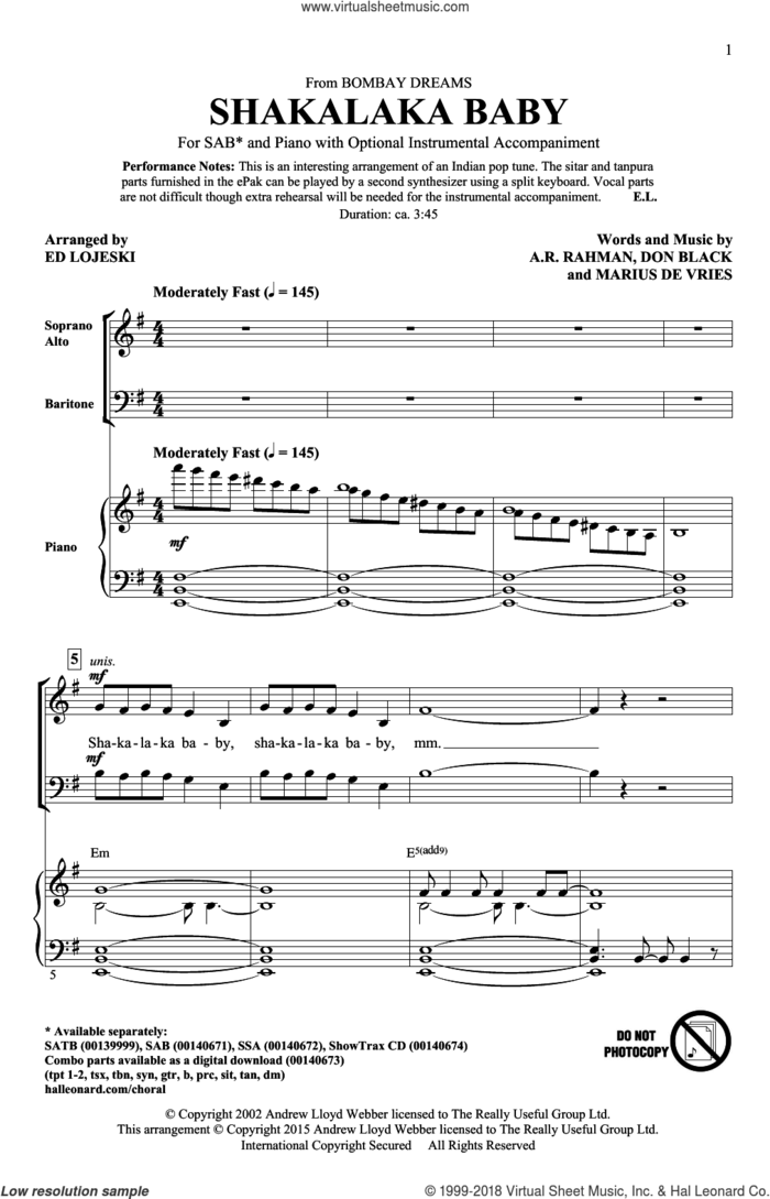 Shakalaka Baby (from Bombay Dreams) sheet music for choir (SAB: soprano, alto, bass) by Don Black, Ed Lojeski, A.R. Rahman and Marius De Vries, intermediate skill level