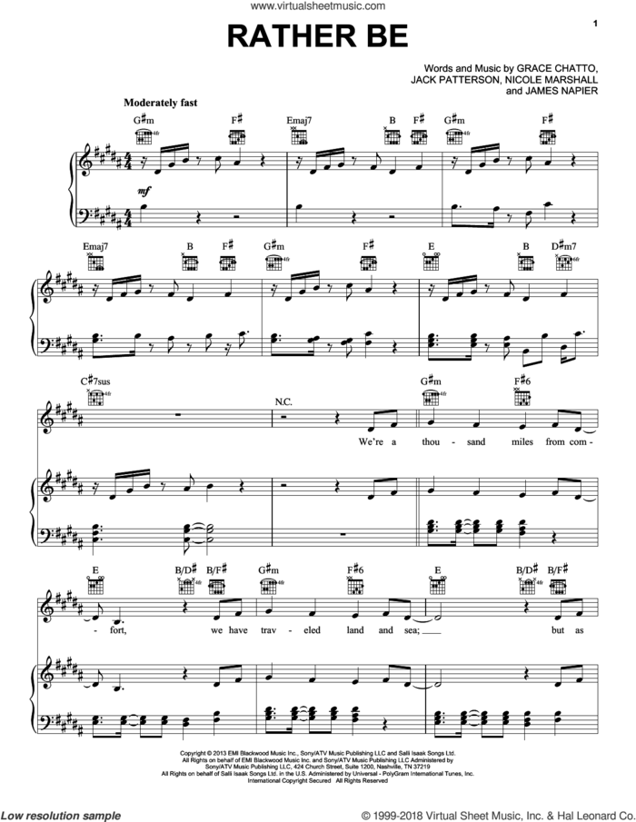 Rather Be sheet music for voice, piano or guitar by Pentatonix, Clean Bandit feat. Jess Glynne, Grace Chatto, Jack Patterson, James Napier and Nicole Marshall, intermediate skill level