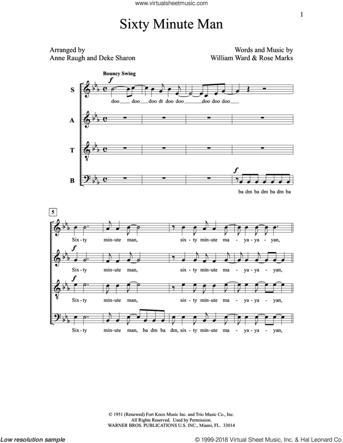 Sixty Minute Man sheet music for choir (SATB: soprano, alto, tenor, bass) by Deke Sharon, Anne Raugh, Rose Marks and William Ward, intermediate skill level
