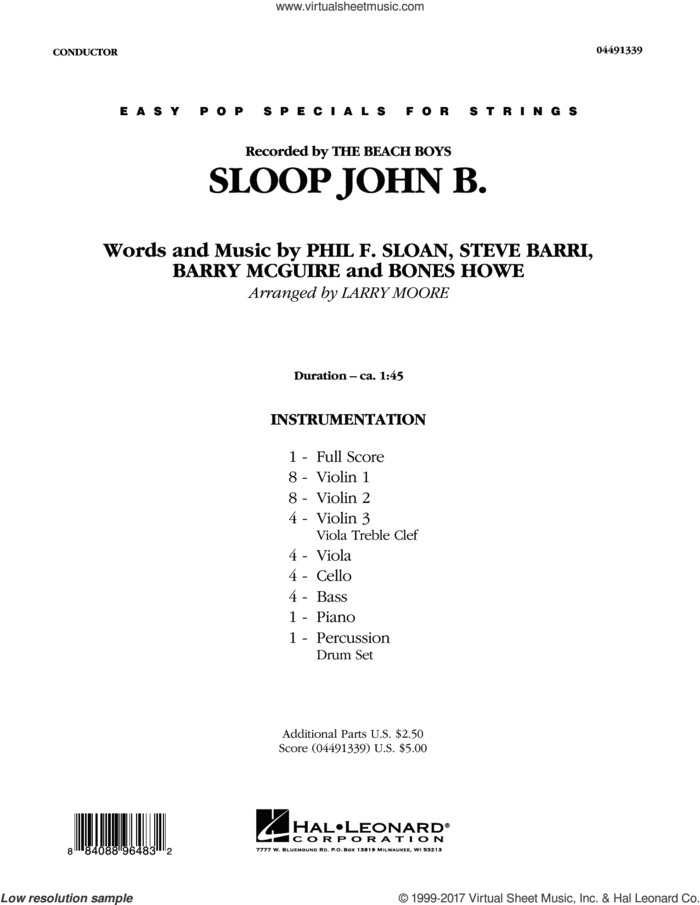 Sloop John B (COMPLETE) sheet music for orchestra by The Beach Boys, Barry McGuire, Bones Howe, Harry Belafonte, Larry Moore, Phil F. Sloan and Steve Barri, intermediate skill level