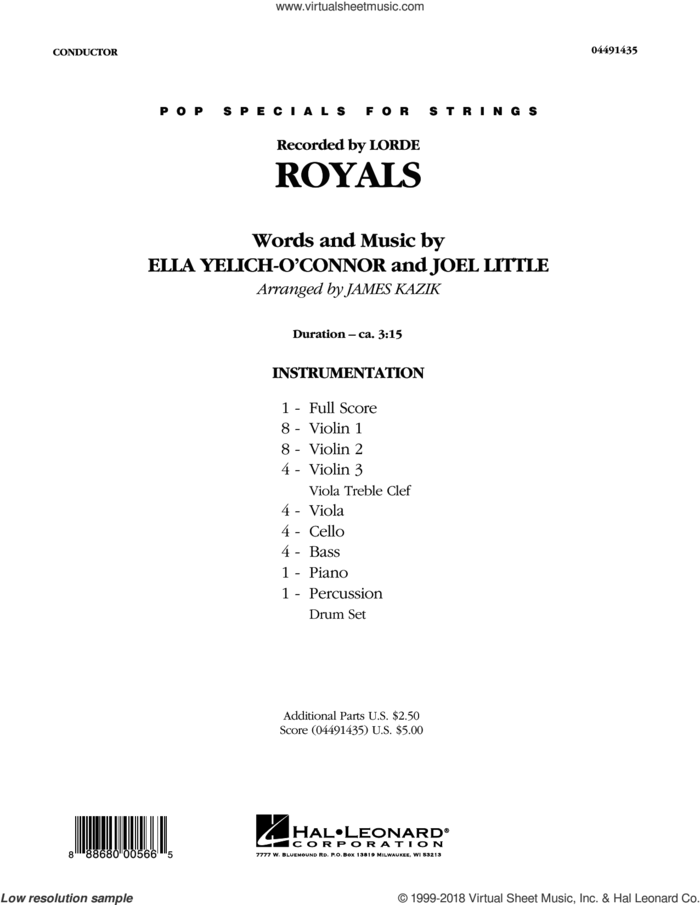 Royals (COMPLETE) sheet music for orchestra by Lorde, James Kazik and Joel Little, intermediate skill level
