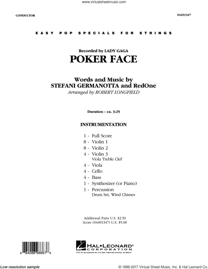 Poker Face (COMPLETE) sheet music for orchestra by Glee Cast, Lady Gaga, RedOne and Robert Longfield, intermediate skill level