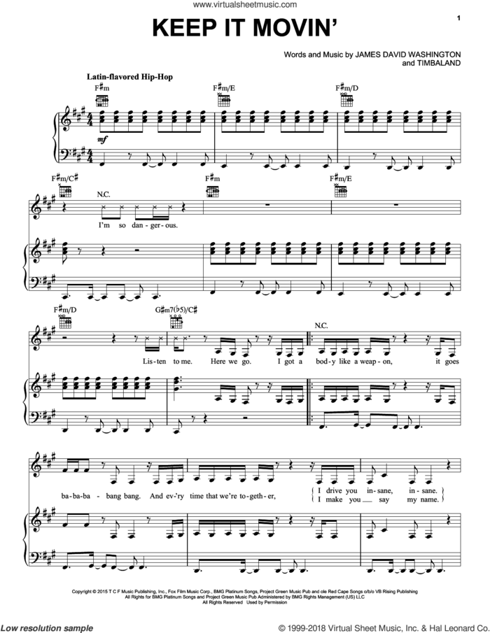 Keep It Movin' sheet music for voice, piano or guitar by Tiana/Serayah McNeill/Hakeem Lyon/Bryshere Gray, James David Washington and Timbaland, intermediate skill level