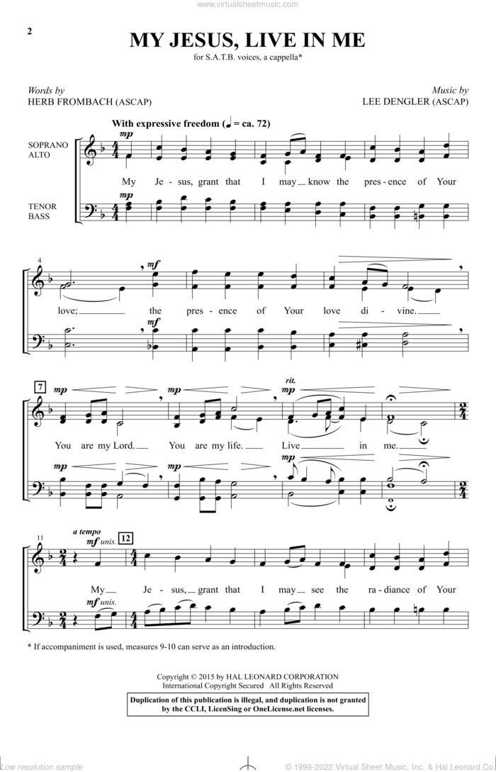 My Jesus, Live In Me sheet music for choir (SATB: soprano, alto, tenor, bass) by Lee Dengler and Herb Frombach, intermediate skill level